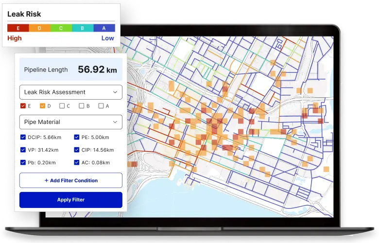 KnoWaterleak risk map visualizing water leakage probability across urban pipe networks